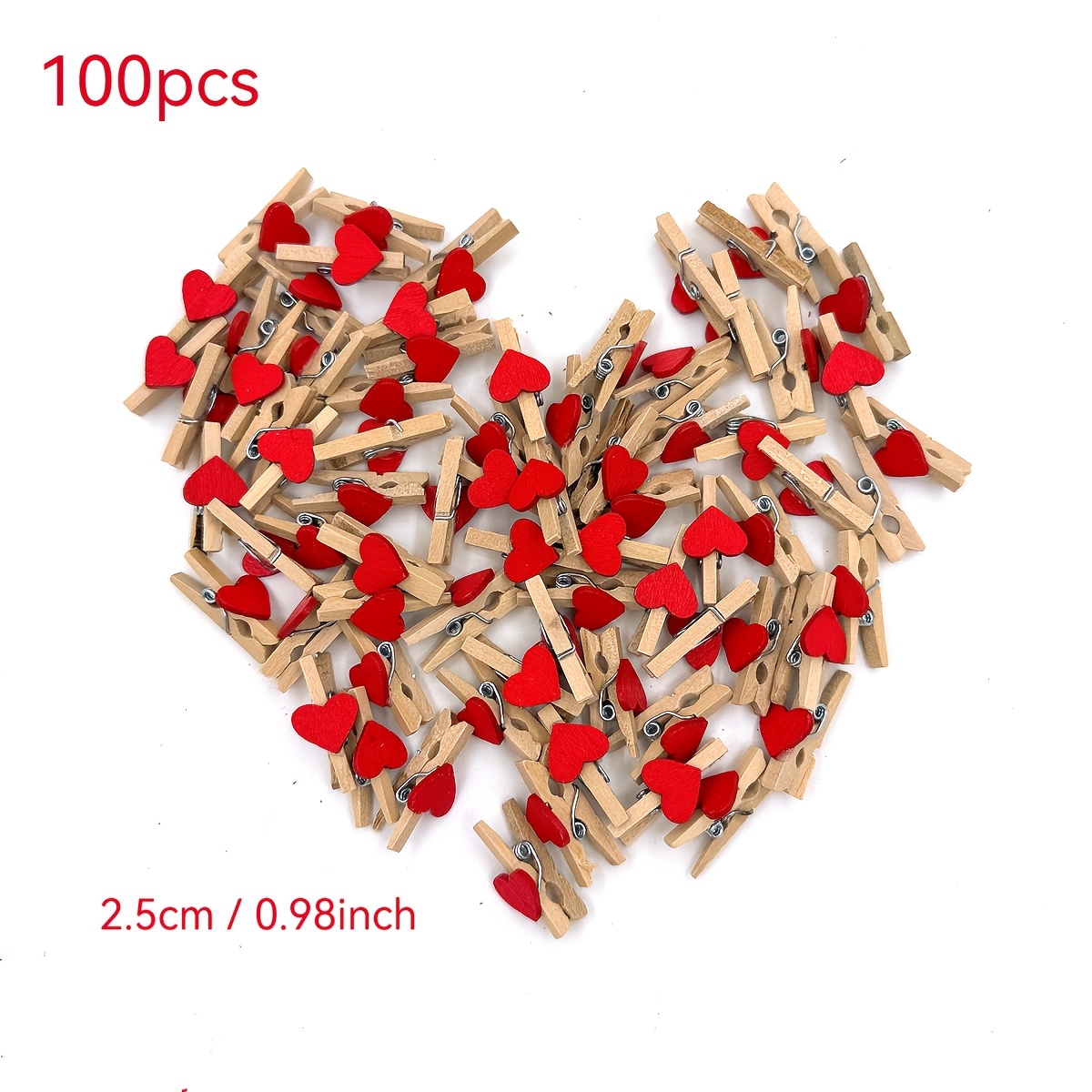 Image of Pack Of 100 Mini Wooden Heart-shaped Clips For Photos, Crafts, And Decorations At Home Or Weddings