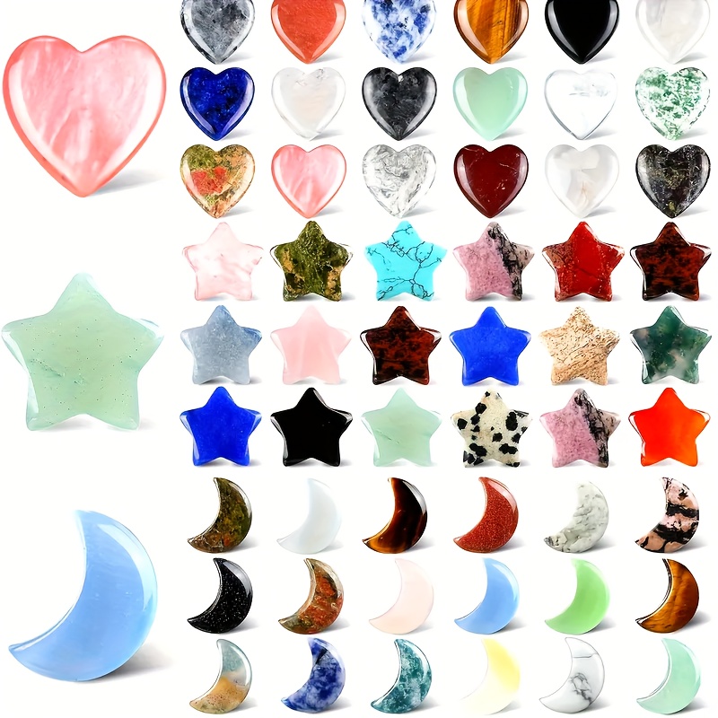 Image of A Set Of 30 Natural Crystal Stones Shaped Like Hearts, , And Stars, Featuring Small Quartz Gems Suitable For Crafting Jewelry And Decorative Purposes