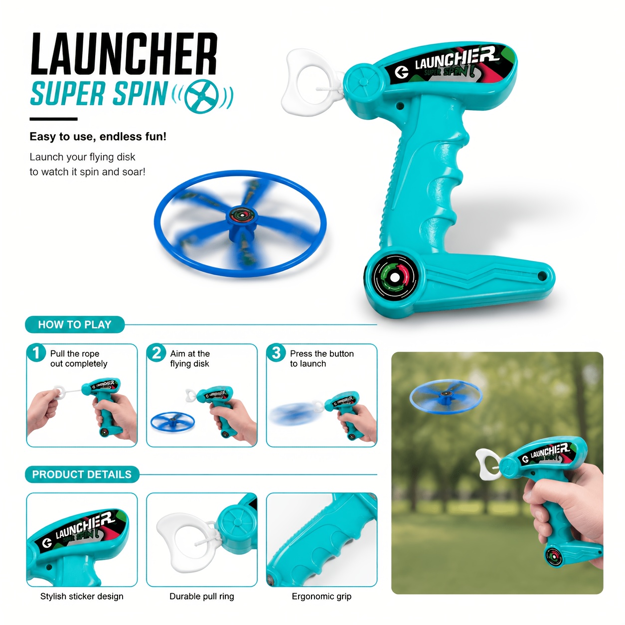 3pcs spinning flying saucer toy set a flight toy with one launcher and two saucers parent child interaction and outdoor play random color Product details 2