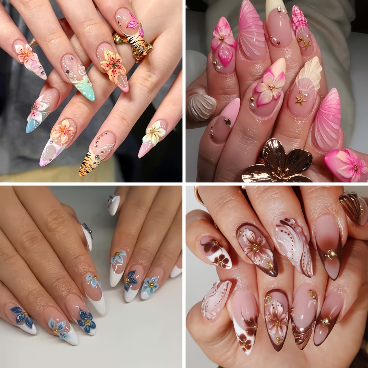 TEMU 96pcs 3d Flower -on Nails Suitable For Women, Almond-shaped Medium Length Fake Nails With 3d & Design, Espresso Blending & Nude Base, Glossy Gel