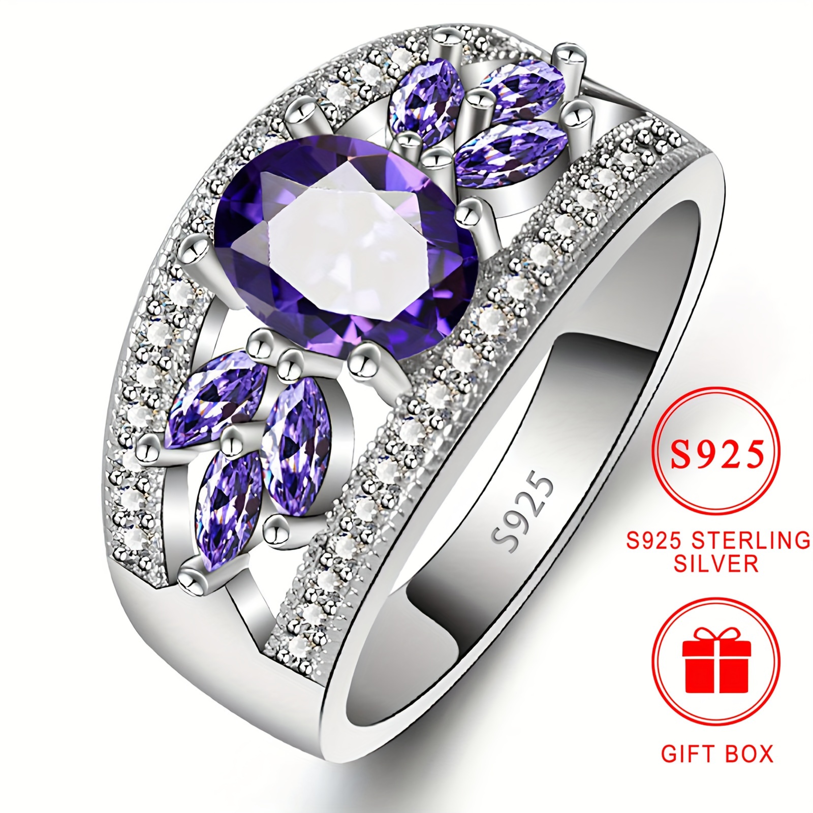 

4g S925 Pure Silvery Ring Low Allergy Nickel-free Purple Synthetic Zirconia Women's Jewelry Daily Party Holiday Gift Gift Box