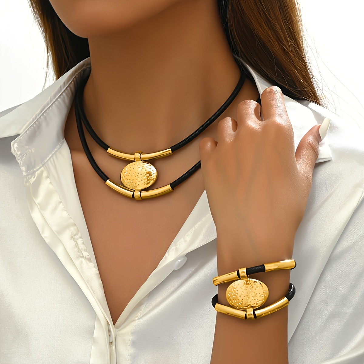 Boho Rope Oval Pendant Bead Necklace & Bracelet Set