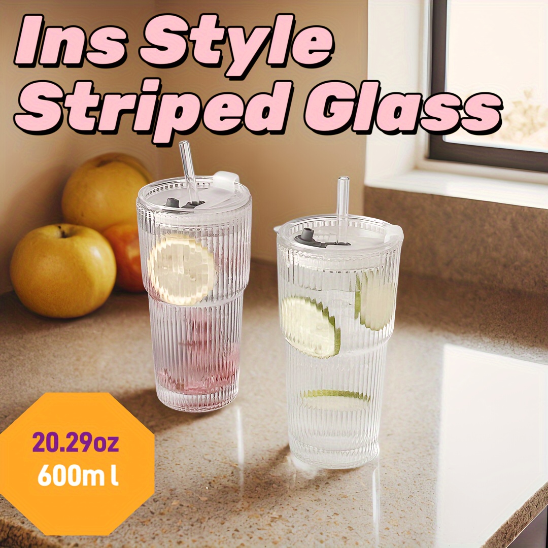 

Striped Glass With Lid 600ml/20.29oz - Machine , Insulated Reusable Drinkware, Glass Material, Oval Glasses For Cold Drinks, Juice, Coffee - Ideal For Home, Office, Parties