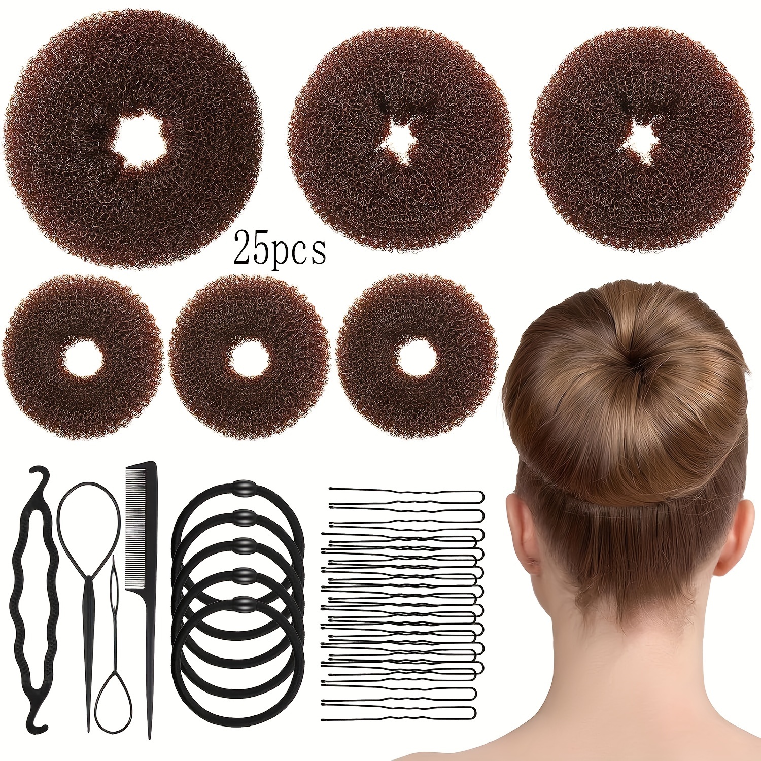 E-shop 25 Stück Donut Dutt Maker Haar Donut Set Haar Dutt Maker Scrunchies Unordentliches Haar Dutt Maker für Hochsteckfrisuren Voluminöser Haar Ring