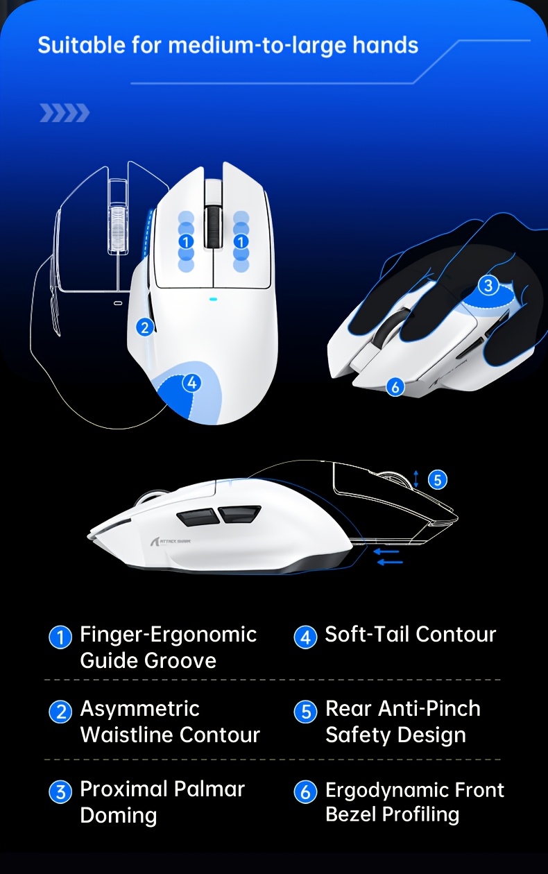 ATTACK SHARK V6 Wireless Gaming Mouse, 1000Hz, PAW3311, BK52820 Flagship Chip, 500mAh Battery, 25K DPI, 65g, Tri-Mode, Right-Hand Ergonomic, Mouse + RGB Charging Dock (Official Standard Accessory)