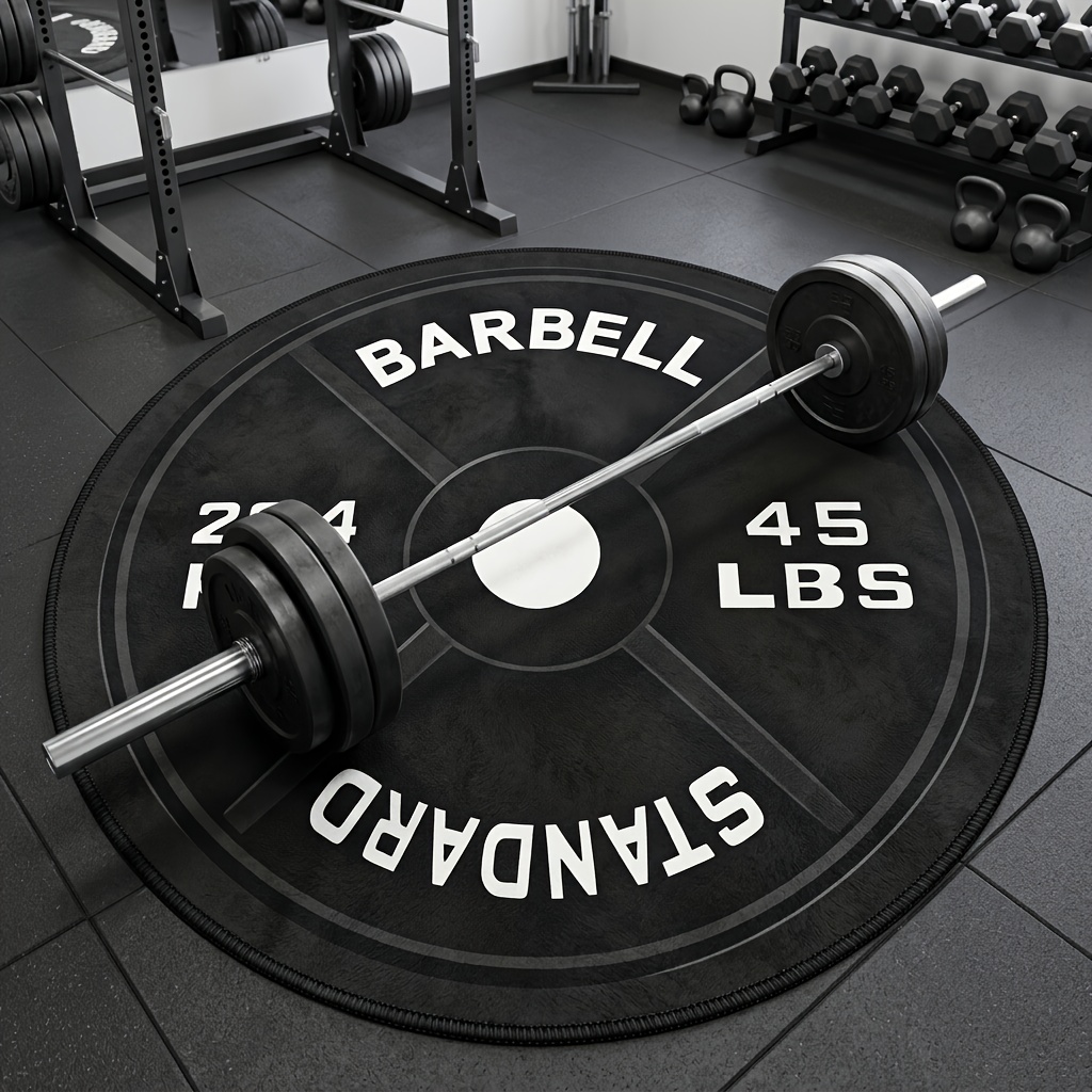 TEMU 2d Flat Simulated Barbell Plate Round Floor Mat, Industrial Living Room Corner Rug, Dark Minimalist Style Men's Bedroom Bedside Mat, Fitness
