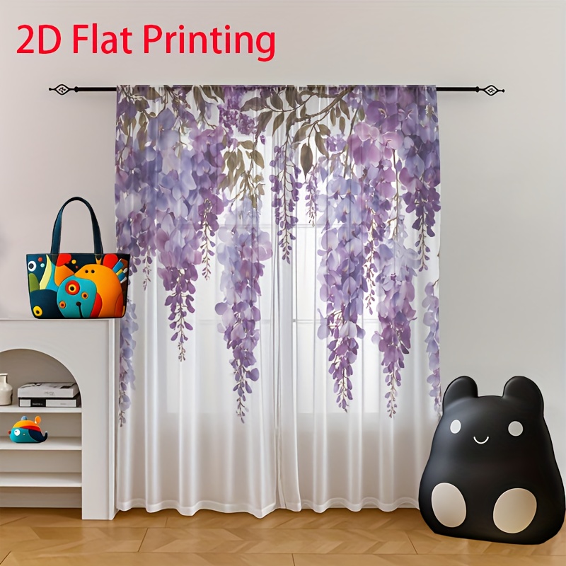TEMU 2pcs Semi-sheer Curtains With Purple Wisteria Floral Print - 100% Polyester Sheer Drapery, Rod Pocket & Machine Washable, Contemporary Elegant