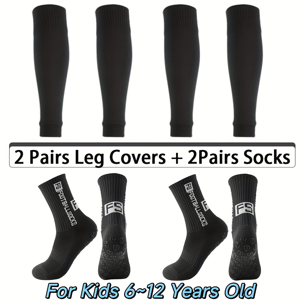 Image of 4 Pairs Of Anti-slip Football Socks With Professional Leg Covers, Silicone Grip Football Socks & Breatahble Leg Sleeves For Kids, Competition Training Breathable Leg Cover & Soccer Socks Set For