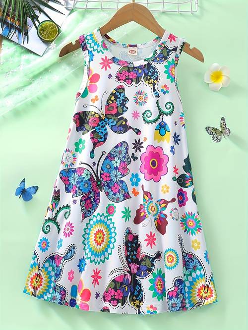 girls summer vibrant cute flower print round neck sleeveless dress for vacation picnic casual attire