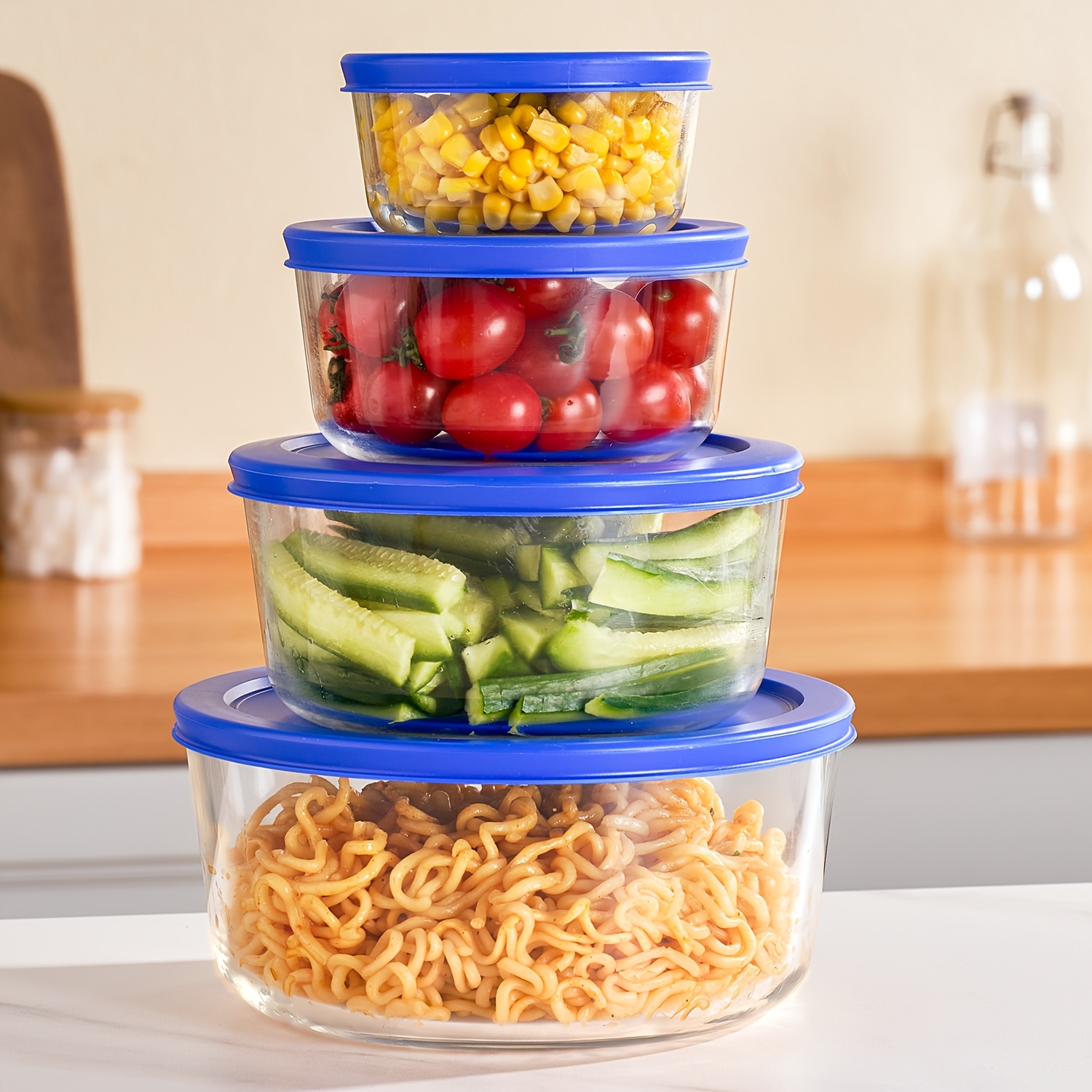 TEMU Lot de 4 bols en verre avec couvercles (1, 2, 4, 7 tasses), contenants de conservation alimentaire, pour préparation de repas et restes, boîte à
