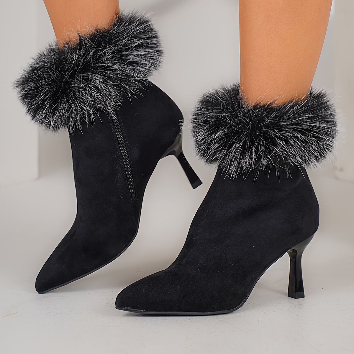 

Elegant Women's Stiletto Ankle Boots With Fur Trim - Pointed Toe, Side Zipper, Warm & Comfortable For All