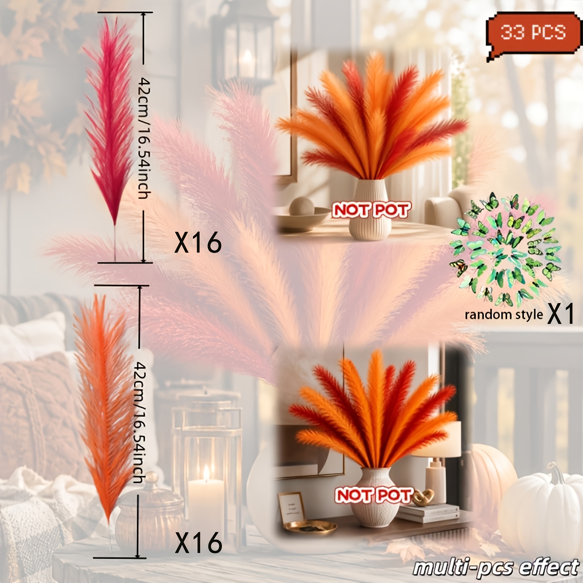 TEMU 33pcs High-quality Artificial Autumn Reed And Random Set (32 Reeds + 1 Random ), Outdoor Decorative Greenery, Suitable For Indoor/outdoor,