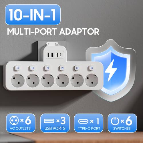 multiprise convertisseur fil 10-en-1, avec 6 prises standard eu, 3 ports usb-a, 1 interface usb-c, de commutateur indépendant, rallonge, boîtier de distribution électrique mural sûr, prise eu, convient à divers scénarios, ,