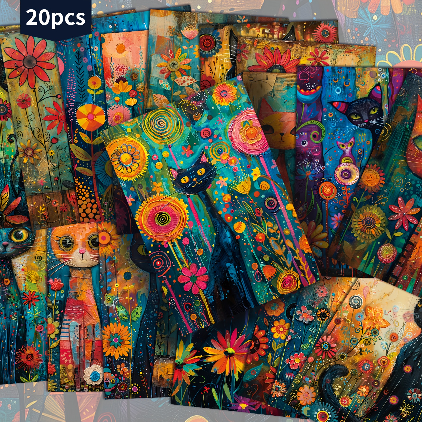 TEMU 20-pack Asstss Vintage Cat Postcards - Retro 4x6 Inch Stationery Cards With Colorful Floral Patterns (daisies, Suns) - For Scrapbooking, Junk