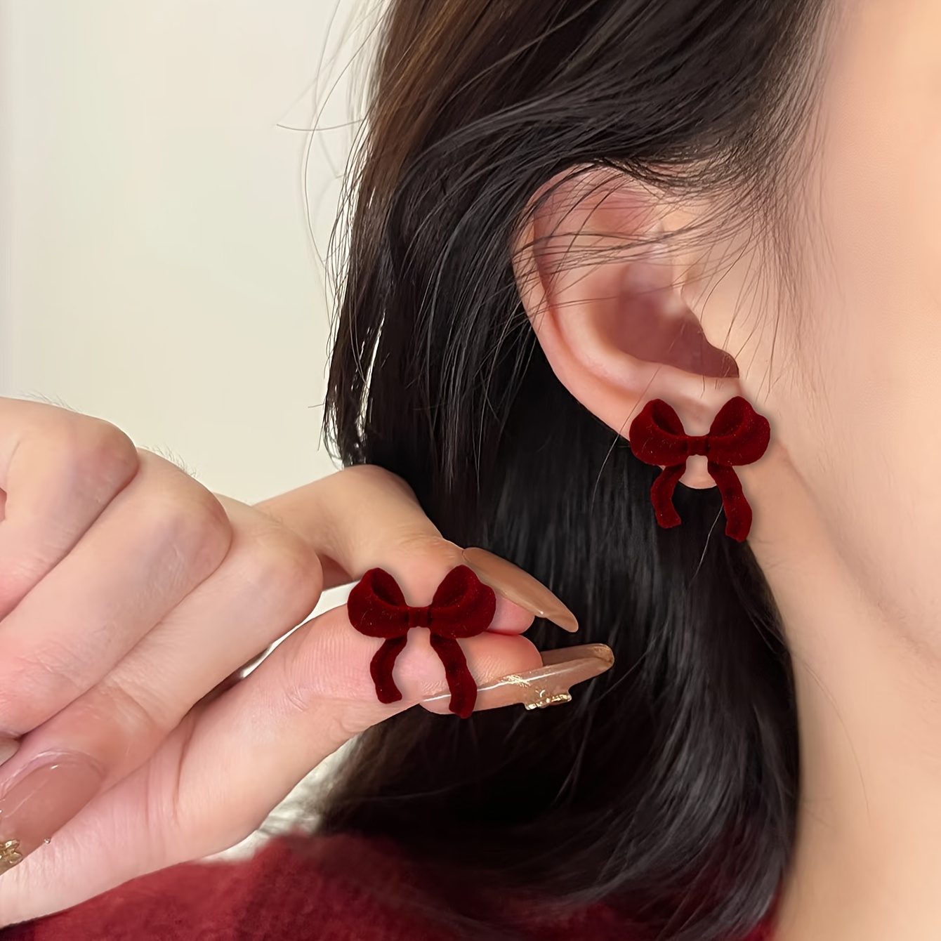 TEMU 1 Pair Earrings, Autumn Winter Festive Burgundy Atmosphere Emotional Valentine's Festival Cute Bow Earrings 1 Pair