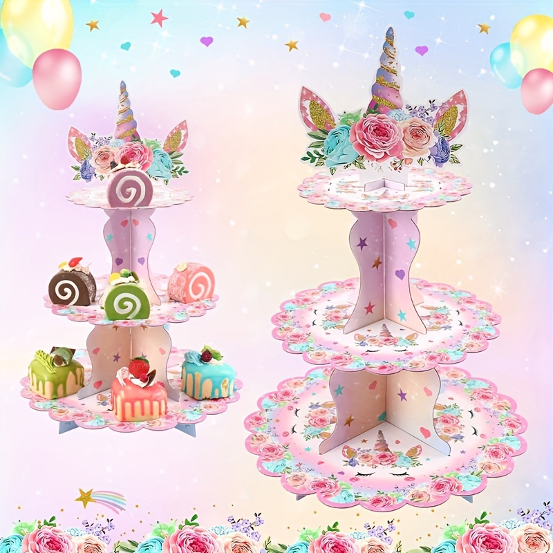 

Set, 3 Tier Unicorn Paper Cake Display Stand, Happy Birthday Party Decoration, Wedding Supplies, 1st Birthday Party Cupcake Dessert Cake Rack Table Decor