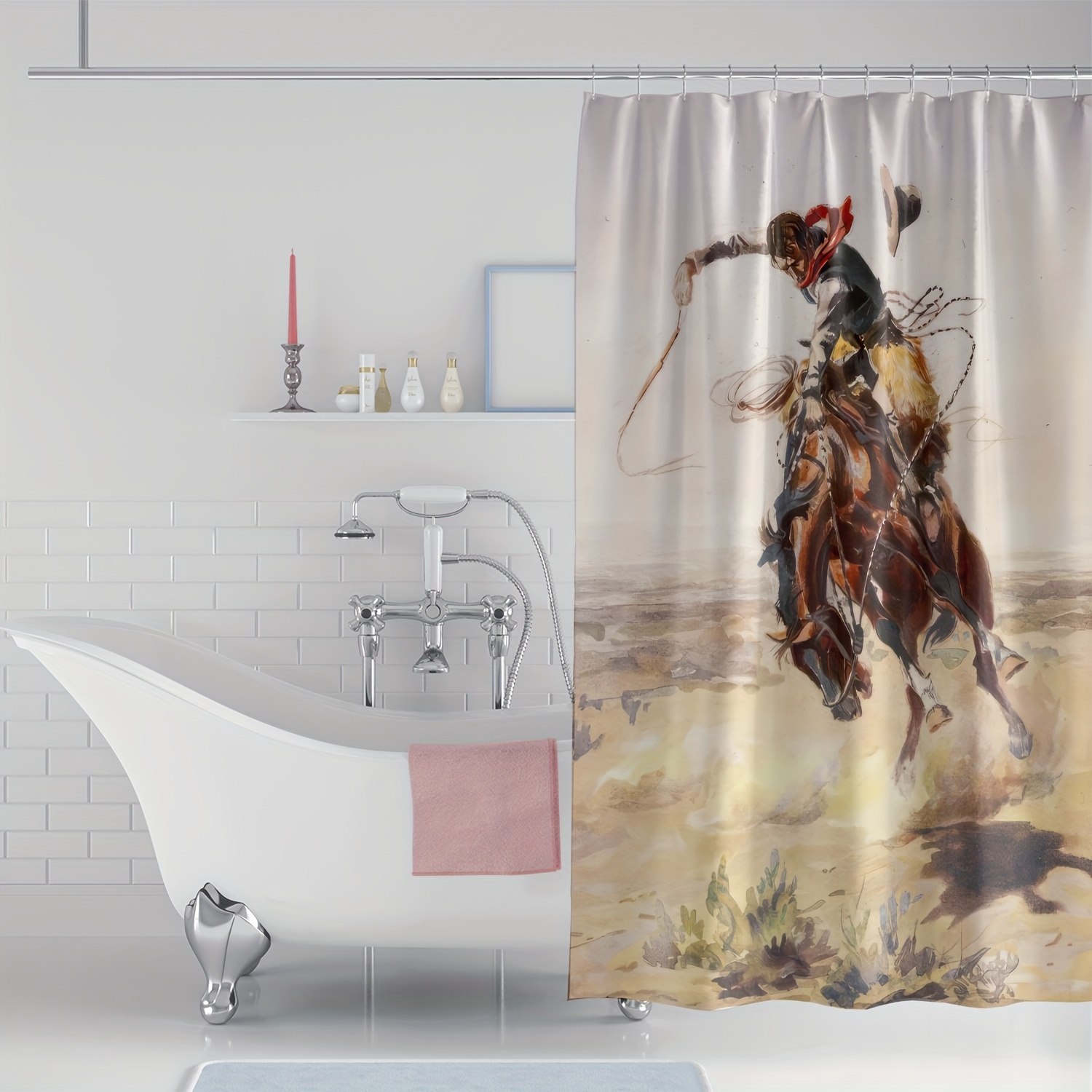 

1pc Waterproof Digital Print Polyester Shower Curtain, Cowboys On Horseback Abstract Oil Painting Design