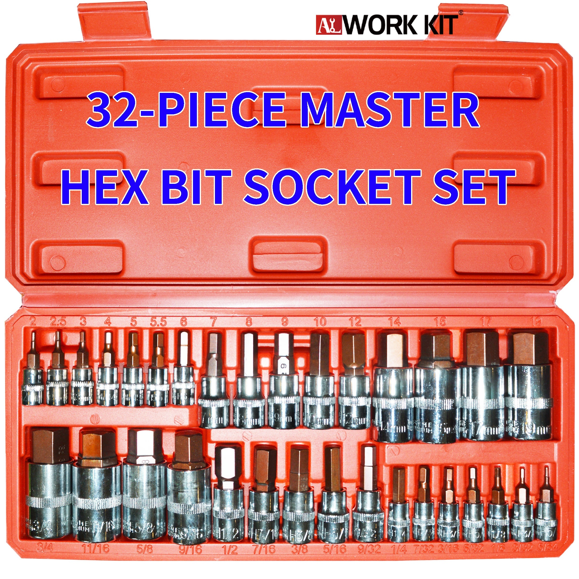 ABN Hex Socket Set - 32Pc Universal SAE and Metric Allen Socket Set Hex Bit  Socket Set, 5/64 to 3/4 Inch and 2 to 19mm