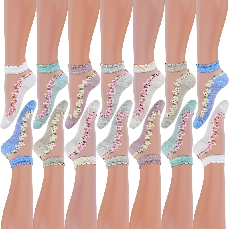 E-shop 14 Paar Kristallsocken Sommer Dünne Socken Damen Glasboot Socken Süße Niedliche Kleine Blumen Spitze Kurze Socken - Lila, Grün, Blau, Weiß, ,