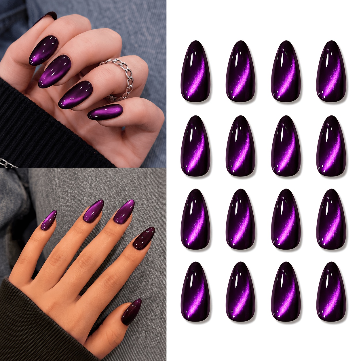 TEMU 72-delige Grape Purple Amandel Glanzende Draagbare Nagelset, Elegante Damesmode Essentiële Nepnagels, Hoogglans Magnetische Kattenoog Grape