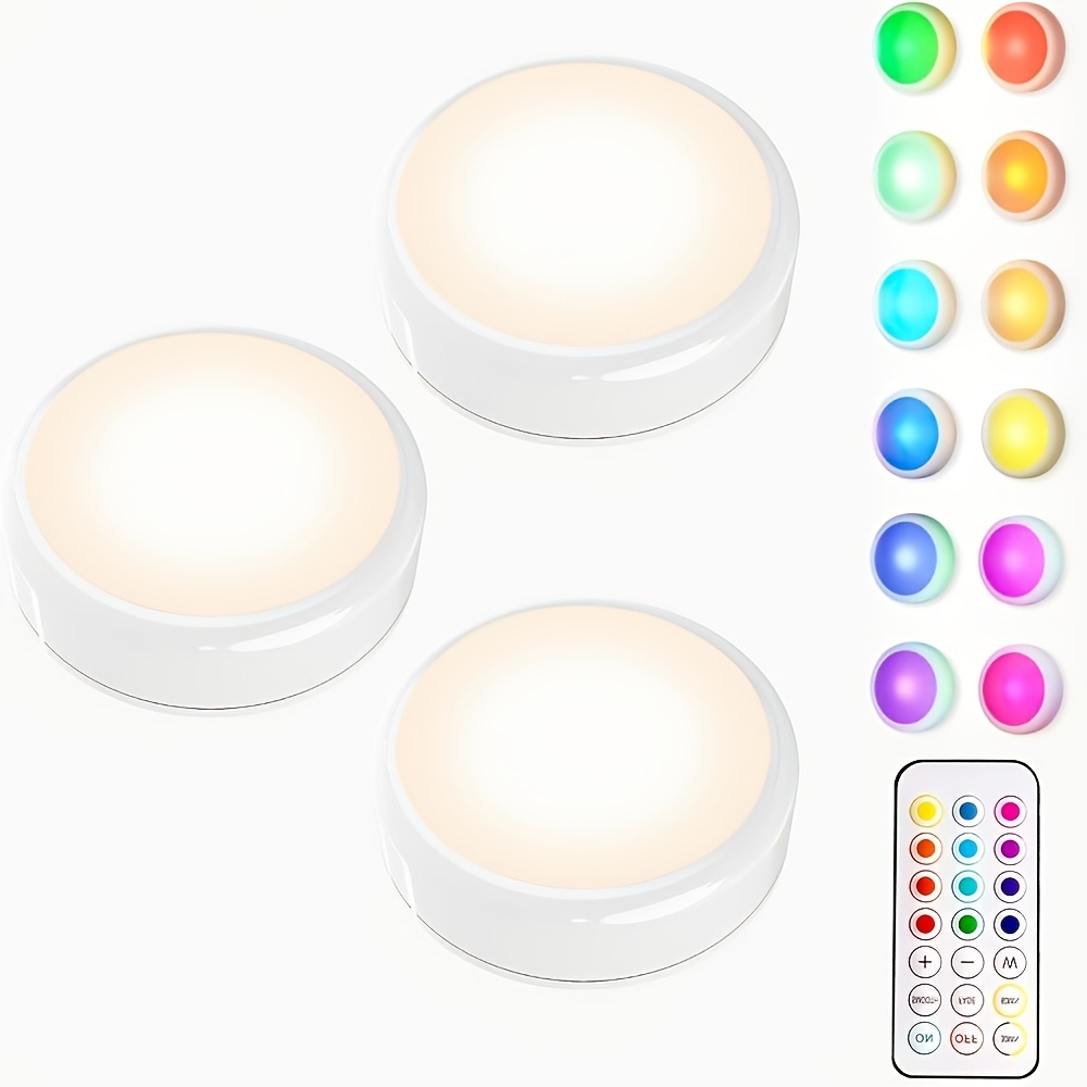 Image of 3-pack Spotlights With Remote Control, Battery-powered Led Night Lights, 13-color Rgb, Ideal For Closets, Bedroom Walls, Under Cabinets, And Other Areas. Easy Adhesive Installation