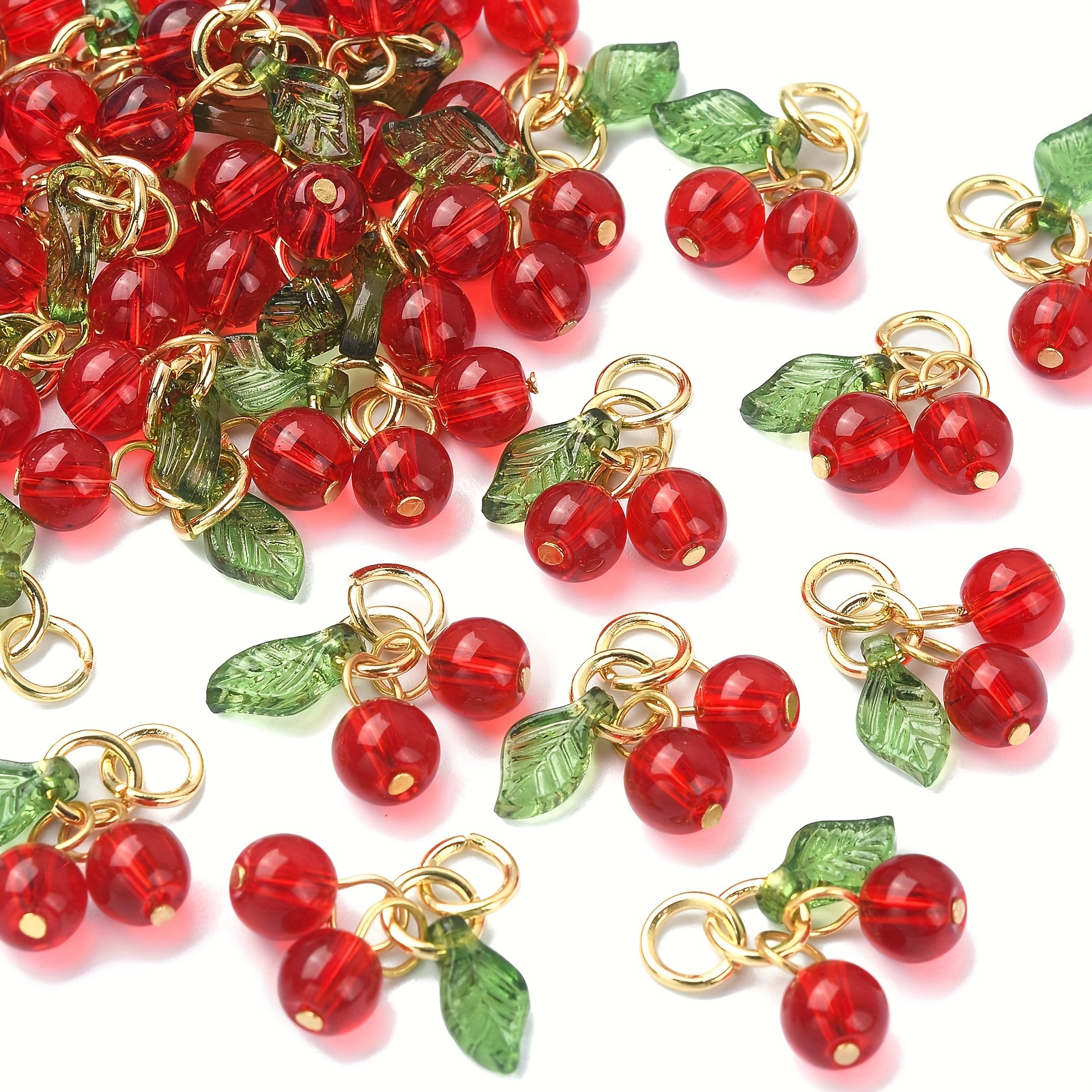 

30pcs Glass Cherry Charms Pendants With Green Leaves For Diy Jewelry Making And Crafts