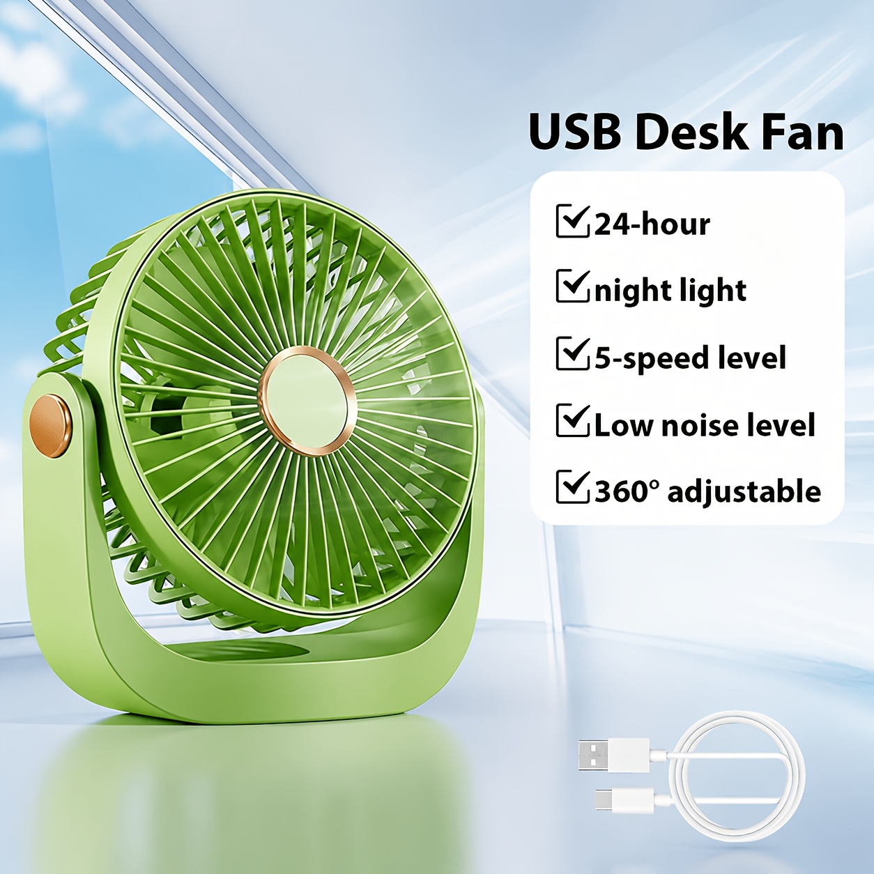 TEMU Portable Fan, Powerful Yet Quiet 5-speed With 360° Adjustable , Usb Rechargeable With Ambient Led Light For