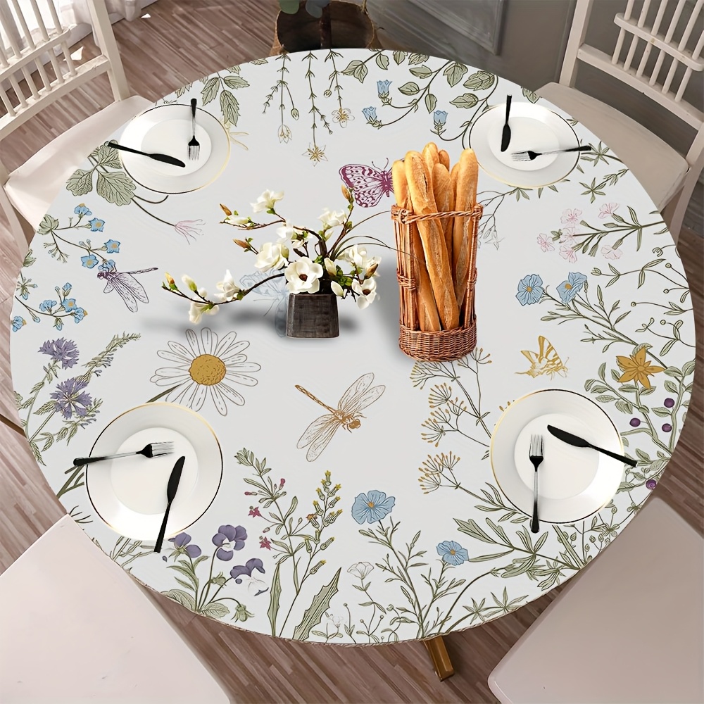 TEMU 1pc 2d Flat Printed Elastic Hem Round Tablecloth, Daisy Dragonfly Spring/summer Round Tablecloth, Suitable For Indoor/outdoor Parties, Spring
