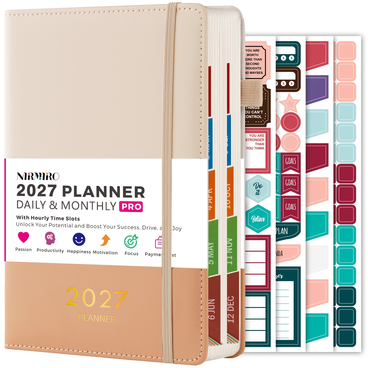 Image of 2027planner Calendar (-december 2027), Daily And Monthly Calendar Book With Leather Cover, 12 Colorful Tabs, Stickers, Schedule, 8.4"x5.7", For Women/men