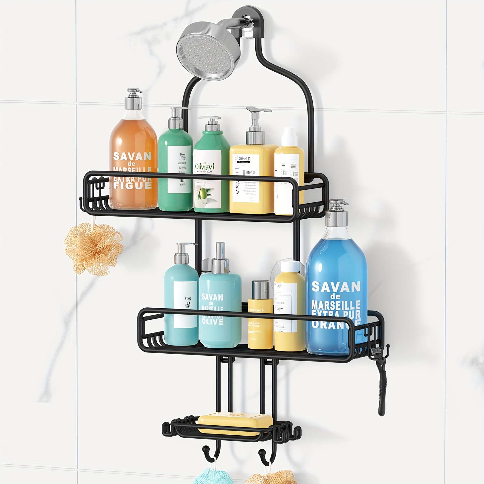 

Hanging Shower Over Shower : Adjustable Large Shower Organizer With Soap Holder - Rustproof Bathroom Shelf Shampoo Storage Rack - 4 Movable Hooks For Razor Loofah Black