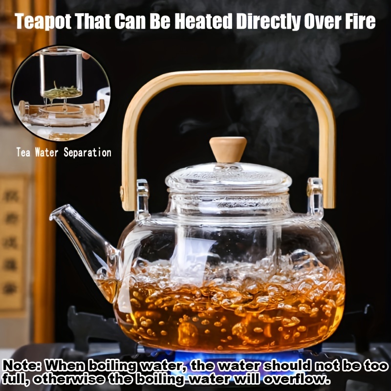 

950ml Tea Water Separation Glass Teapot With Bamboo Handle, Heat Resistant Borosilicate Glass Tea Kettle With Tea Strainer, Clear Glass Teapot