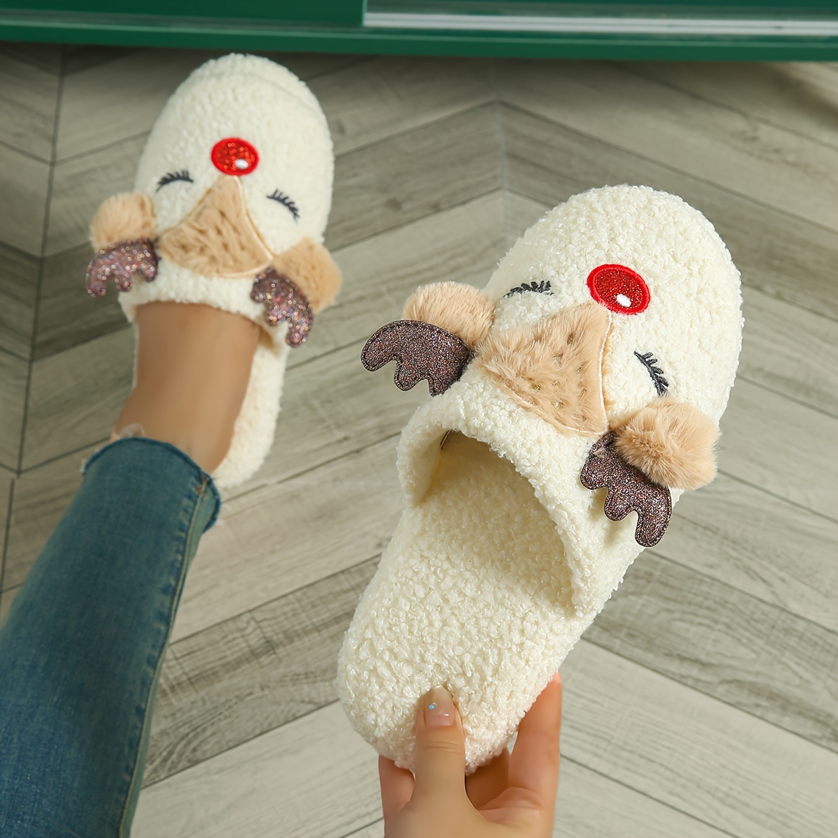 TEMU Christmas Reindeer Cartoon Animal Plush Slippers For Women - Cozy Fabric Slip-on Indoor House Shoes, All-season, Non-slip Tpr Sole