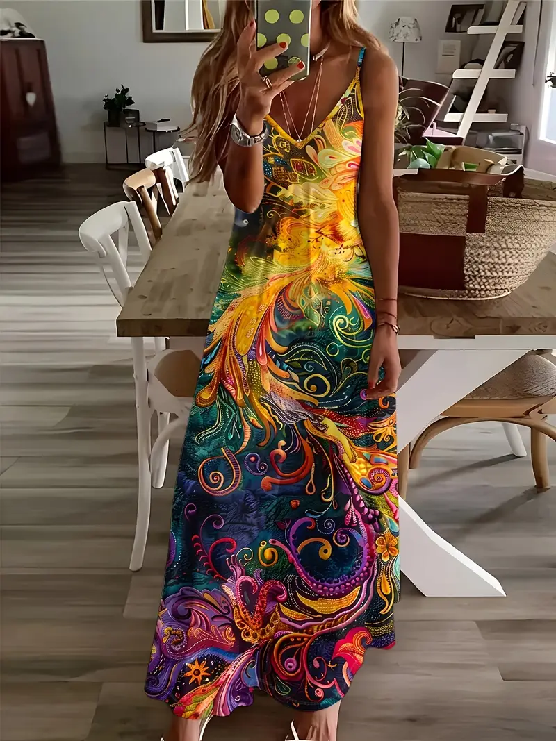 Vintage-style Colorful Abstract Floral Swirl Print Design Slip Dress Vintage-style Colorful Abstract Floral Swirl Print Design Slip Dress