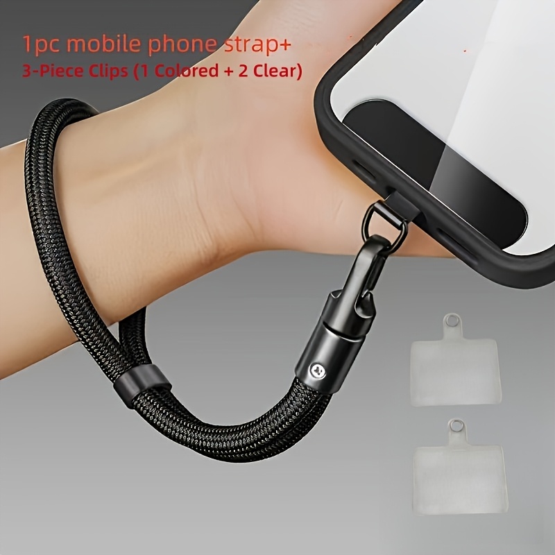 TEMU 1pc Mobile Phone Cable + 3pcs Clips (1 Colored + 2 Transparent), Adjustable Nylon Cord And Wrist Strap, 360° Rotating Clip, Universal