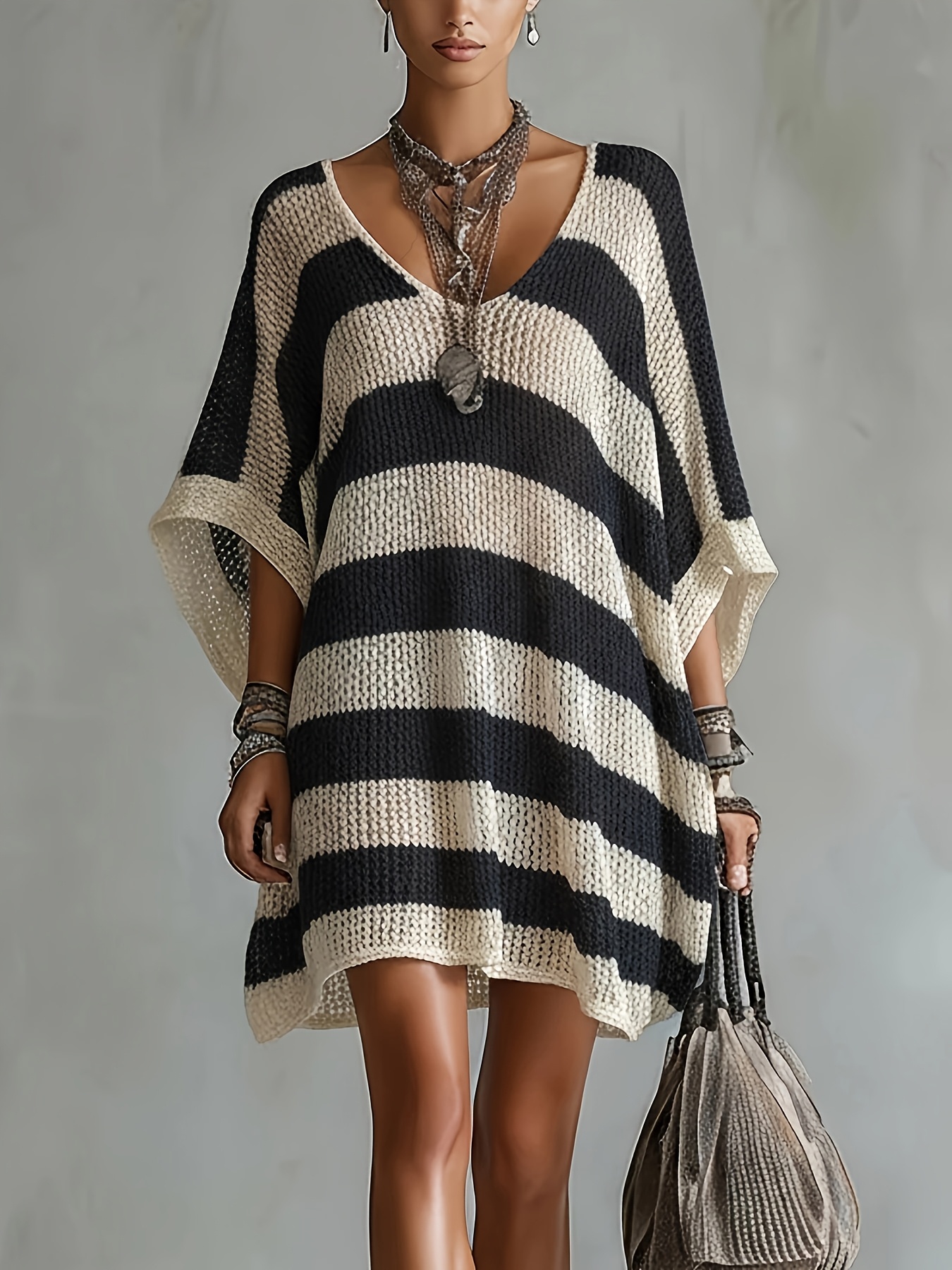 item picture spring summer womens elegant fashion contrast wide striped batwing sleeve v neck hollow out dress loose lightweight v neck midi dress suitable for beach vacation daily casual layering music festival wear bohemian style womens elegant dress