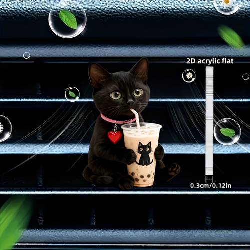 2d flat, 1pc可爱的喝奶茶的小黑猫汽车出风口夹装饰,“不含香味”,带双无味海绵片,汽车空气清新,无香味源,2d平面亚克力奢华卡通装饰品,理想的情人节礼物,可自己添加香味