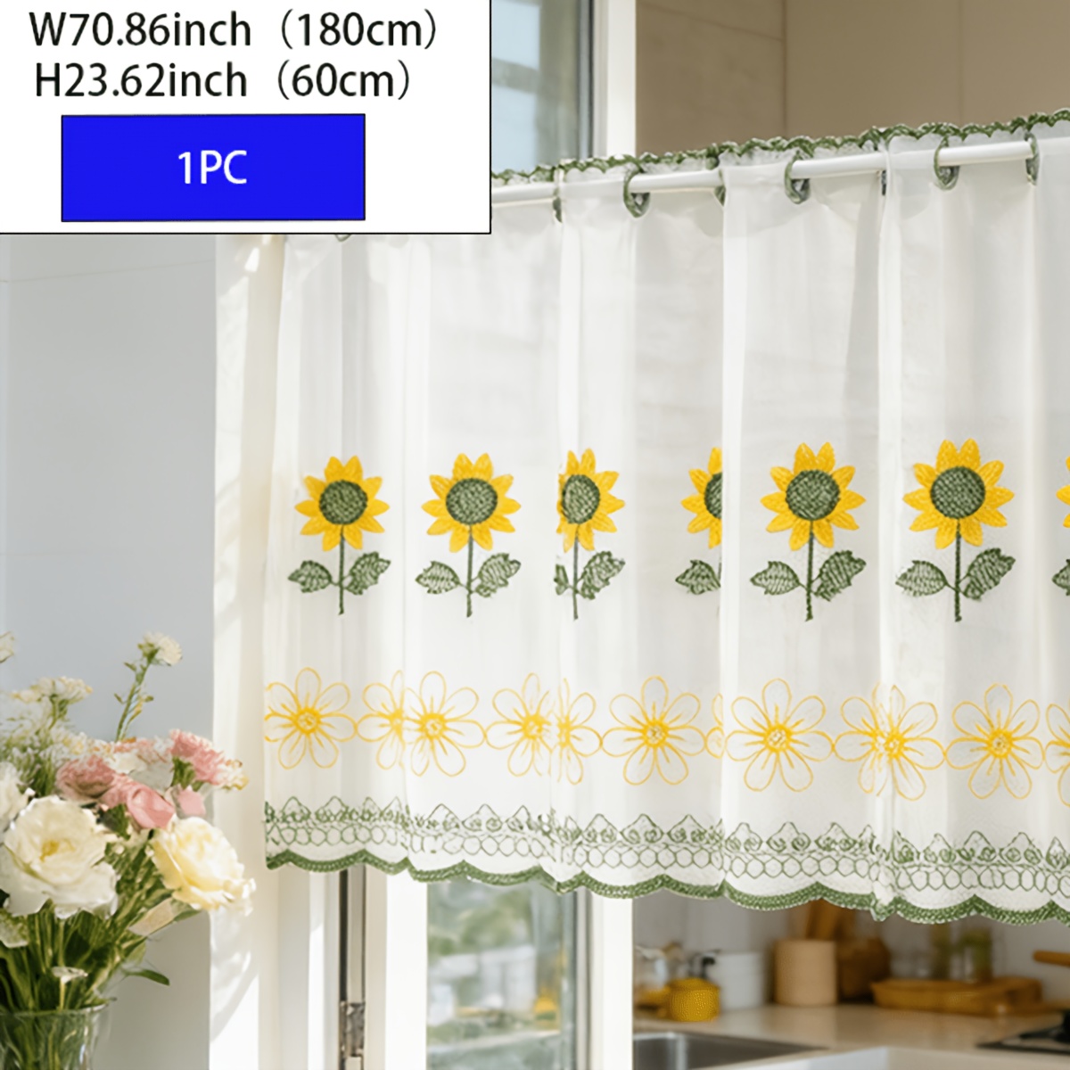 TEMU 1pc Sunflower Dual-tone Rod-type Semi-transparent Kitchen Short Curtain/coffee Curtain/screen, Modern/minimalist/light Luxury/country/romantic