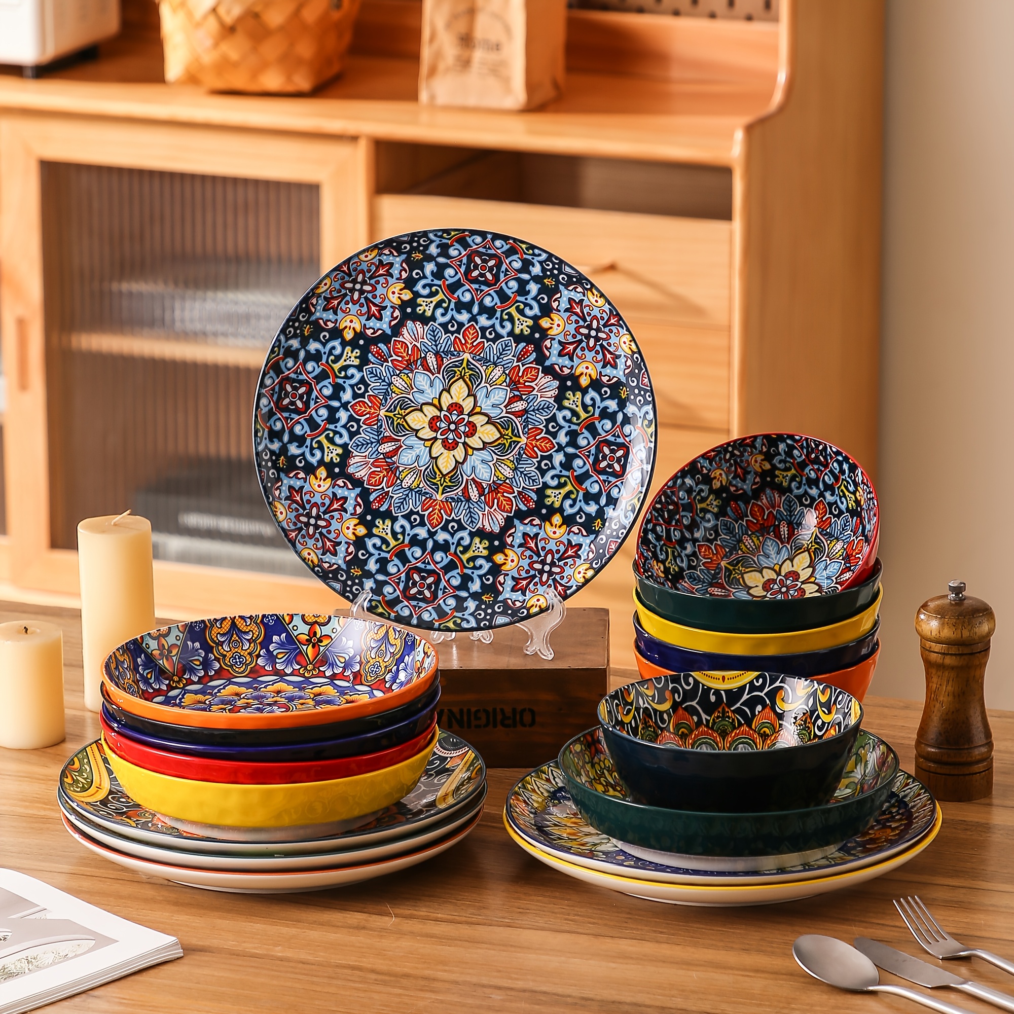 Dinnerware Sets (18pcs) Serves 6, Boho Plates And Bowls Dish Set With Dinner Plate Soup Plate And Bowl, Apply Indoor Outdoor Dining Party, Dinnerware Kitchen Accessorie