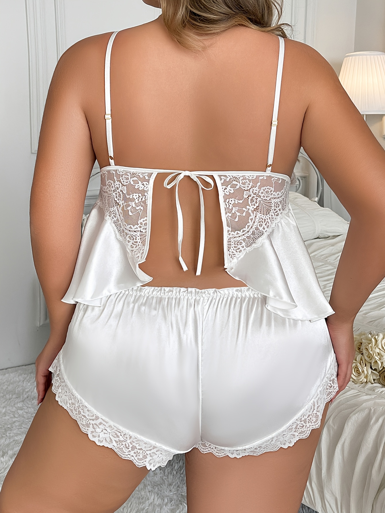 Sexy Pure Desire Lace Patchwork Solid Suspender Top And Shorts 2pcs Set Lingerie
