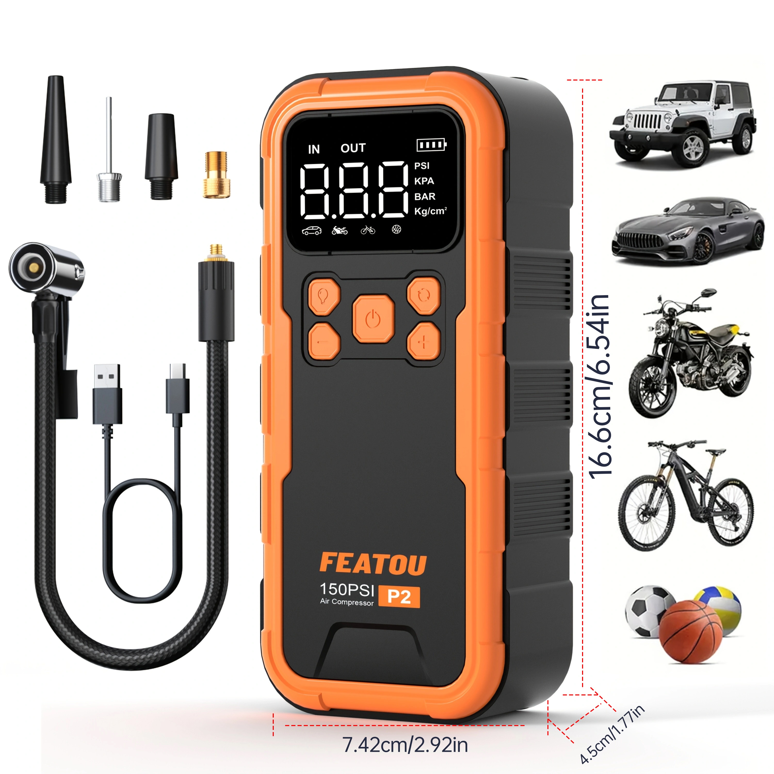 TEMU Balloon Pump, Tire Inflator Portable Air Compressor, Fast Cordless Air Pump, Digital Displaywith Nozzle Adapter And Long-lasting Lithium Battery