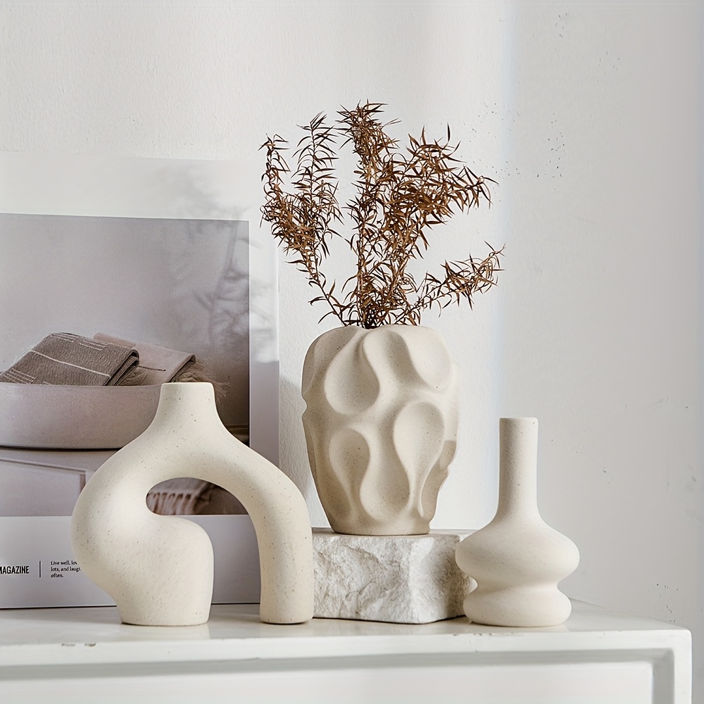 3pcs boho ceramic vase set modern   minimalist round donut shaped geometric pattern ideal for   decor living room entryway coffee table no battery required decorative gift details 7