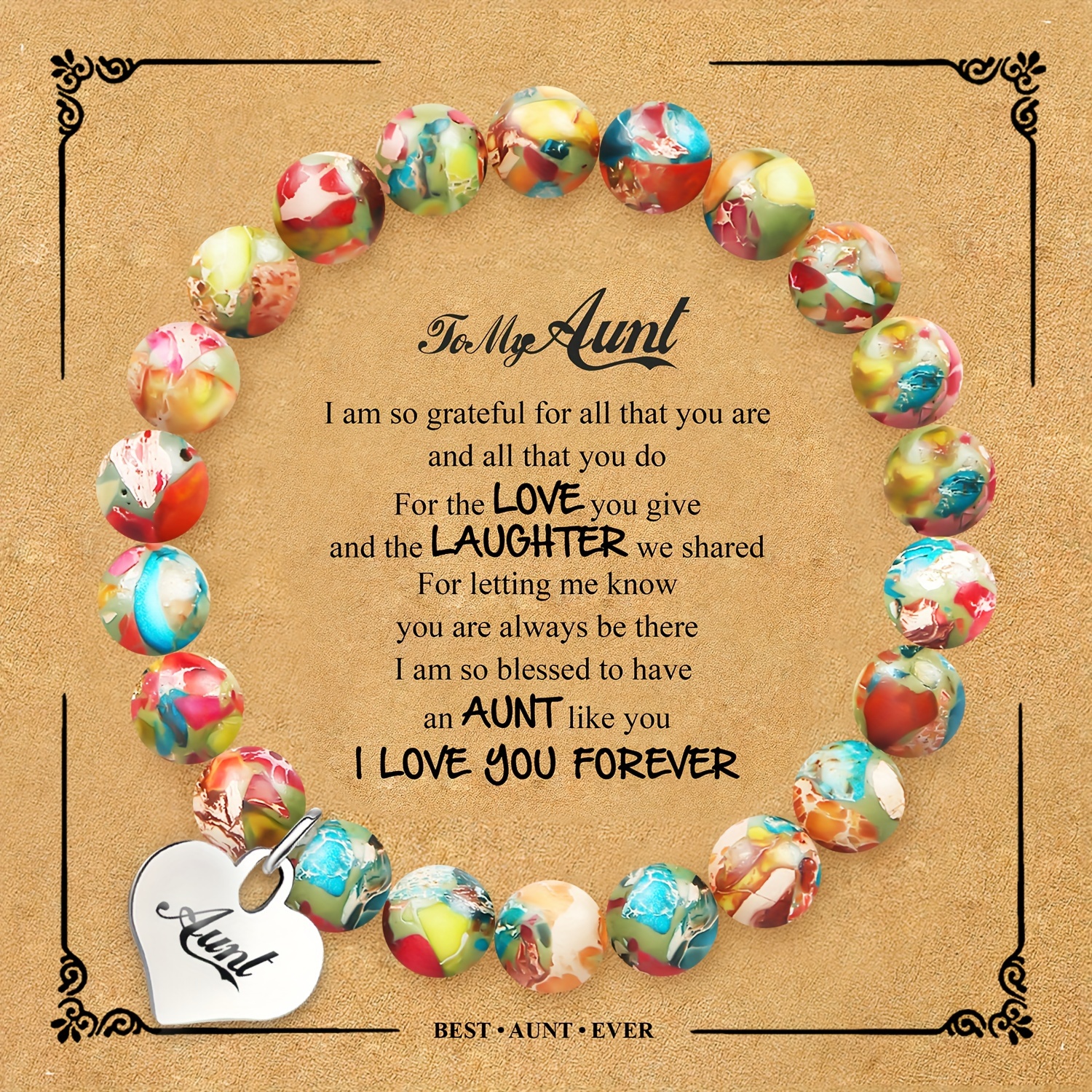 

Bohemian Elegant Stone Bracelet For Aunt With Card - No Plating, & Gift Jewelry, Heart Charm, Ideal For Birthday & Christmas - 1pc
