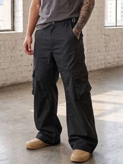 mens baggy cargo pants relaxed fit multi pocket streetwear casual trousers