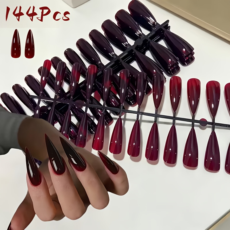 TEMU 144pcs Dark Red Gothic Vampire Press On Nails Suitable For Daily Wear & Party, Long Stiletto Fake Nails With Full Cover Teardrop Shape, Glossy