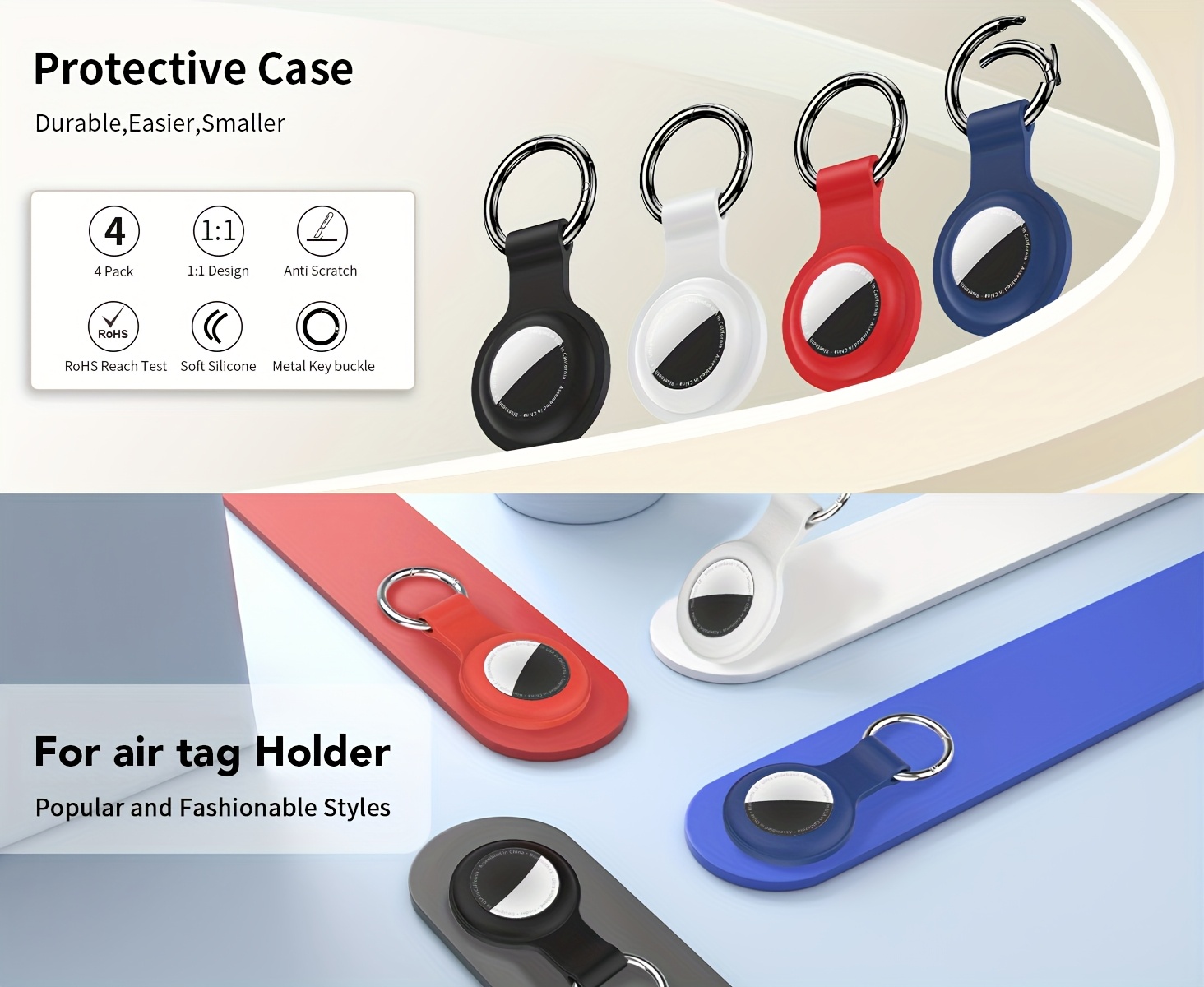 حافظة حامل airtag سيليكون - غطاء متوافق مع سلسلة المفاتيح لجهاز for airtag ، خفيف الوزن ومرن، مقاوم للخدش، مضاد لبصمات الأصابع، حماية كاملة، سهل التنظيف، /أحمر/، حافظة حامل airtag، حماية airtag، تصميم أنيق (2/4 قطع) تفاصيل المنتج 0