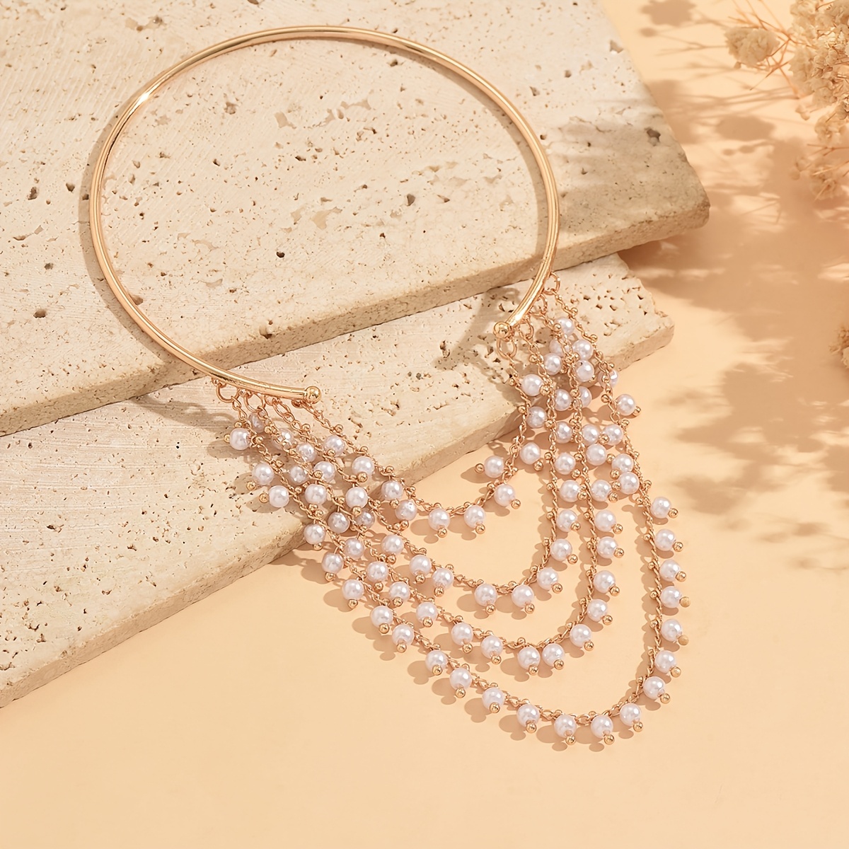 TEMU A Delicate And Stylish Pearl Tassel Arm Cuff, Golden Open Bangle For Women, Outfits, Summer Vacations, Beach Parties, And Music Festivals