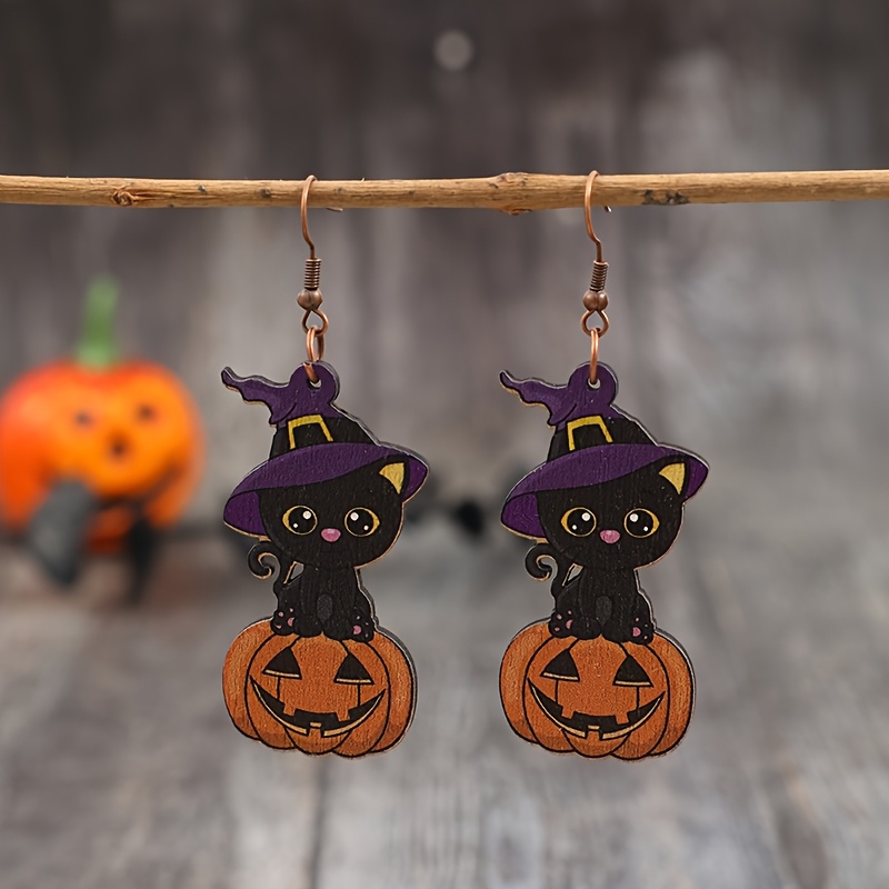 TEMU Cross-border European And American New Pair Of Cute Cat Pumpkin Creative Earrings, Halloween Fashion Wooden Earrings, For Teenager