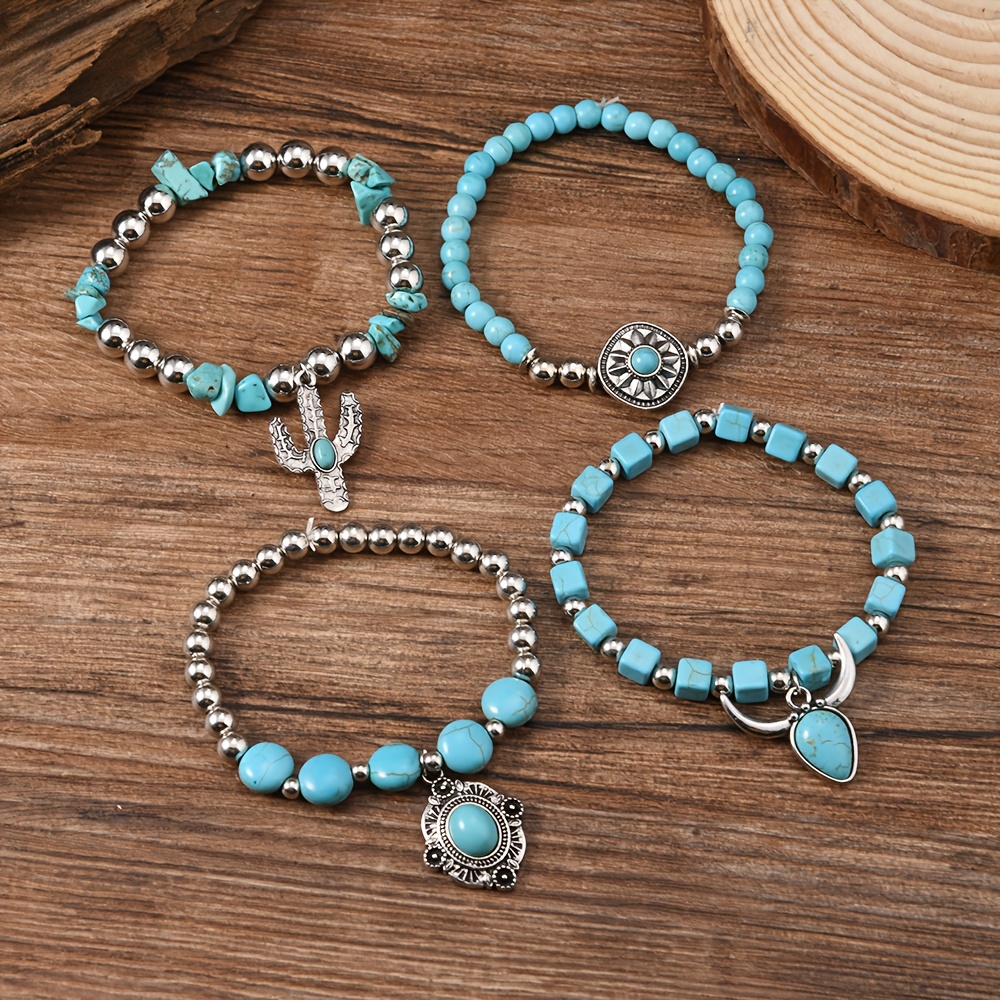 TEMU 4pcs Boho Turquoise Beaded Bracelet Set For Elastic Stretch Vintage Ethnic Style Blue Stone Beads With Metal Charms Stackable Wristbands Fashion