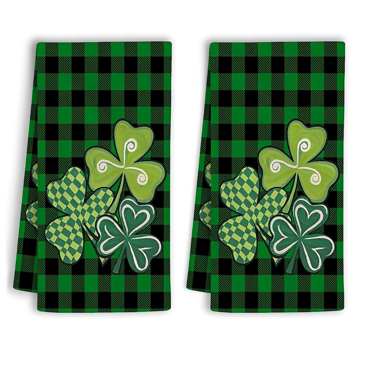 

2pcs Polyester 's Day Kitchen Towels - Black & Green Checkerboard With Clover Design, Hand Wash Only, Ideal For Home & Bathroom Decor