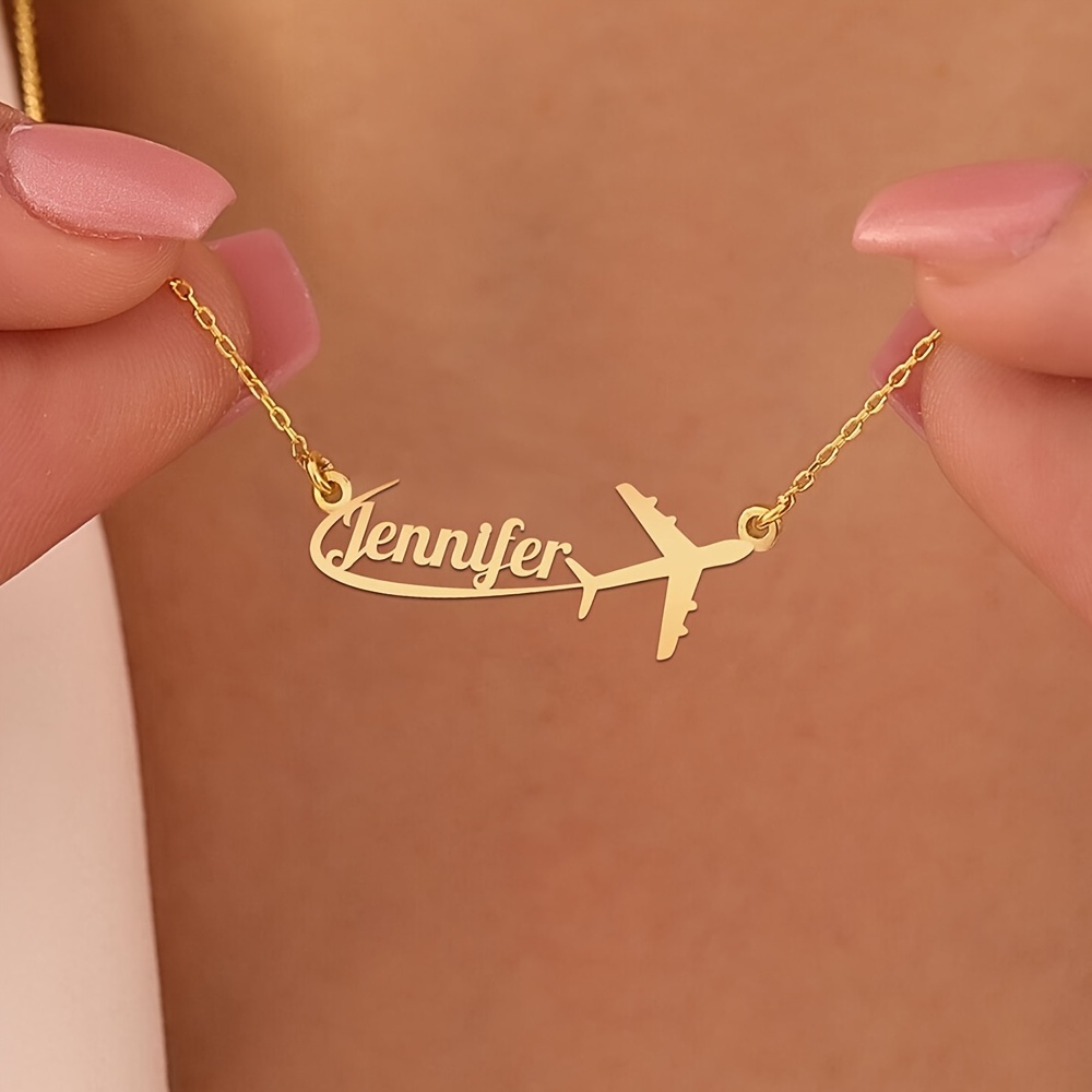 TEMU Stainless Steel Personalized Airplane Name Pendant Necklace, Fashion Custom Jewelry, Holiday Gifts, Unique Birthday Gifts, Suitable For Daily Wear, For Family, ,